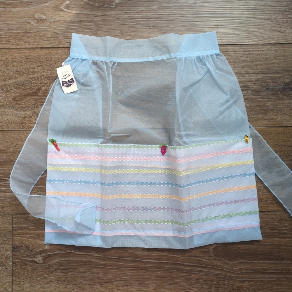 Vtg 50s Beco Originals Miss Helen Half Apron Blue Sheer Nylon Pastel Veggie NOS